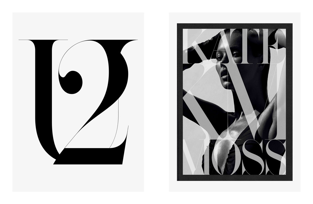 Interview, typography, 2011 (left), Kate: The Kate Moss Book, book design, 2012 (right). From our new book, Fabien Baron: Works 1983-2019