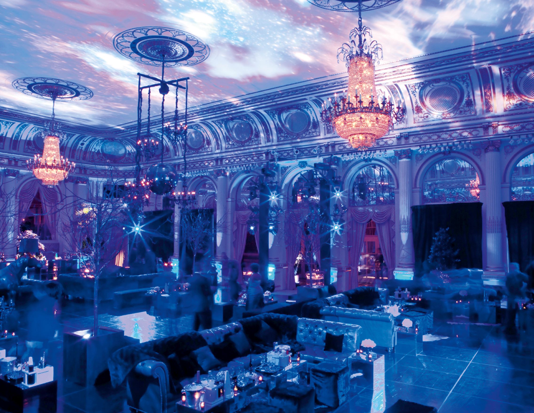 The Plaza Hotel’s Grand Ballroom set for Sean Combs’s birthday party. Image from Born to Party, Forced to Work