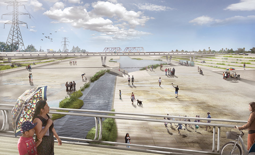 River LA, Los Angeles, CA, USA, Frank Gehry and teams; reimagined 2016; Perkins and Will (architects), design for Lower Los Angeles River Revitalization Plan (LLARRP). Picture credit: Courtesy of Perkins and Will