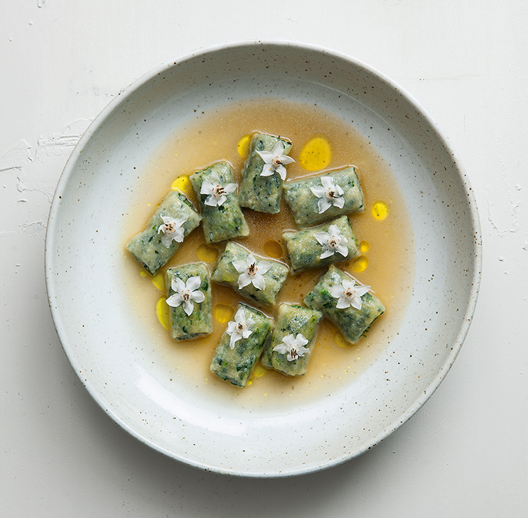 Borage and Ricotta Dumplings in Mushroom Broth. Photography: Rick Poon 