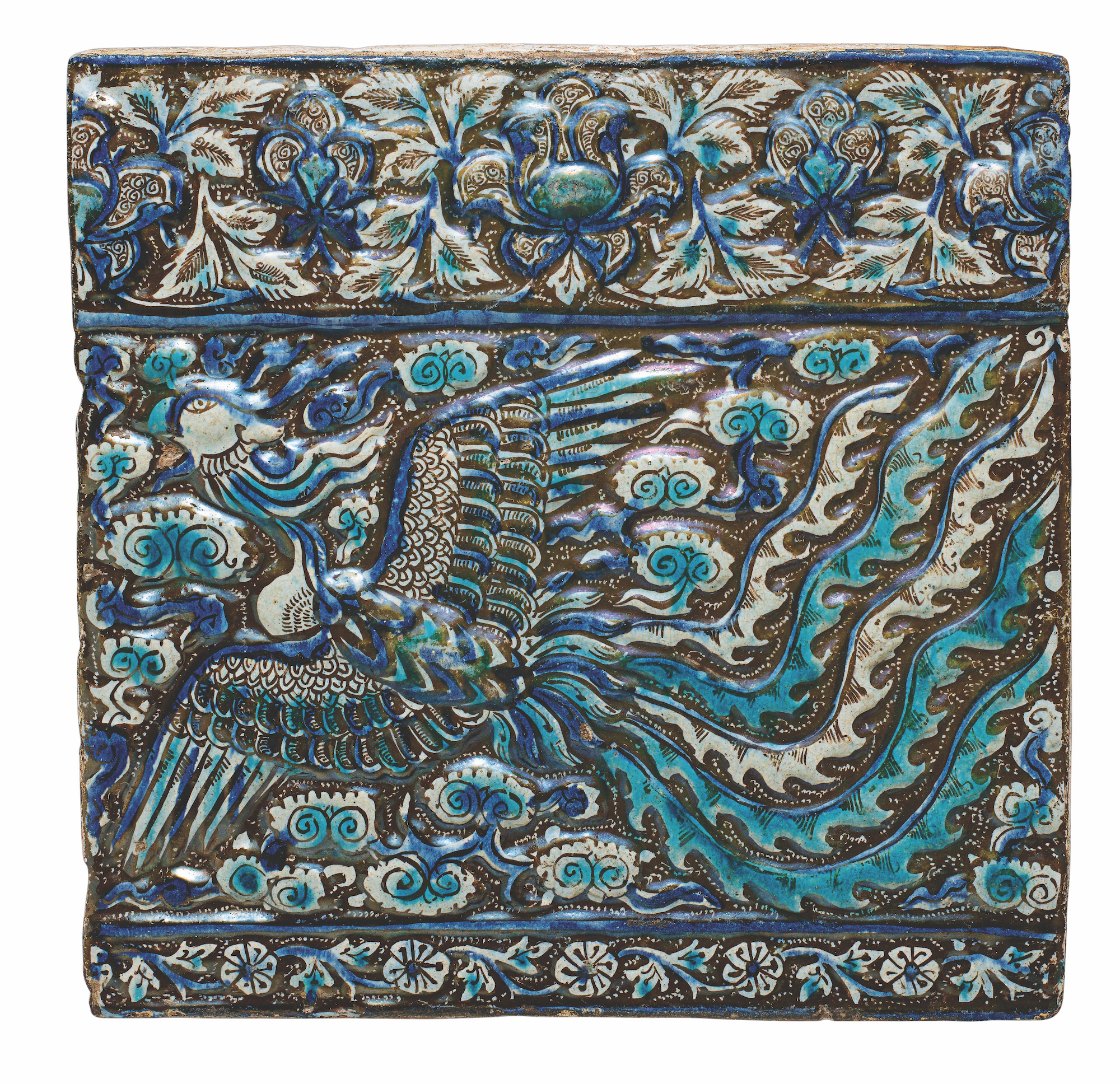 Tile with image of phoenix, late 13th century. Stonepaste with underglaze painted in blue and turquoise and lustre-painted on opaque white ground, 37.5 × 36.2 cm / 14 ¾ × 14 ¼ in. Metropolitan Museum of Art, New York
