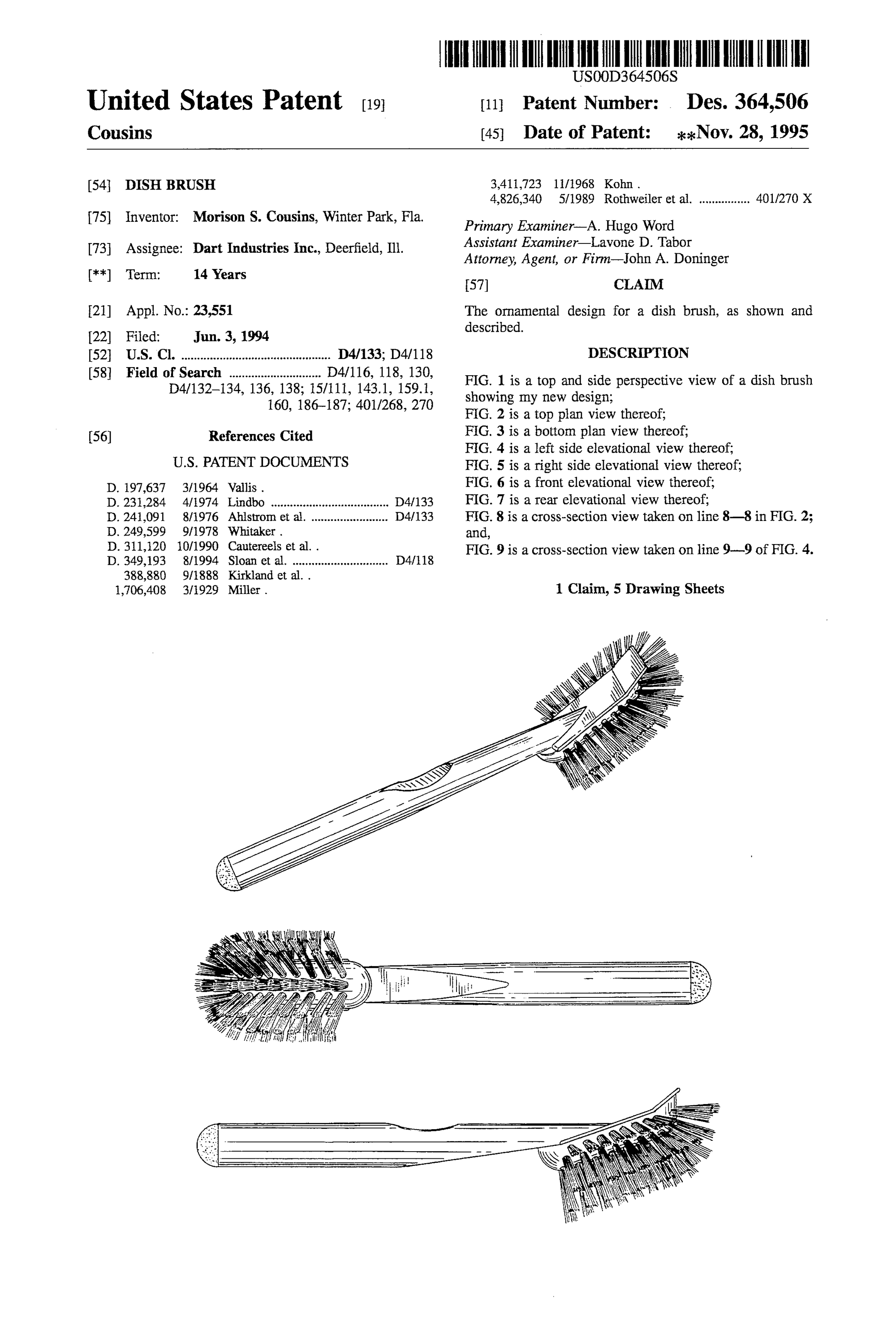 Dish Brush, Morison S. Cousins, for Dart Industries, 1994/1995. Patent Number: USD 364,506, U.S. Patent Office 