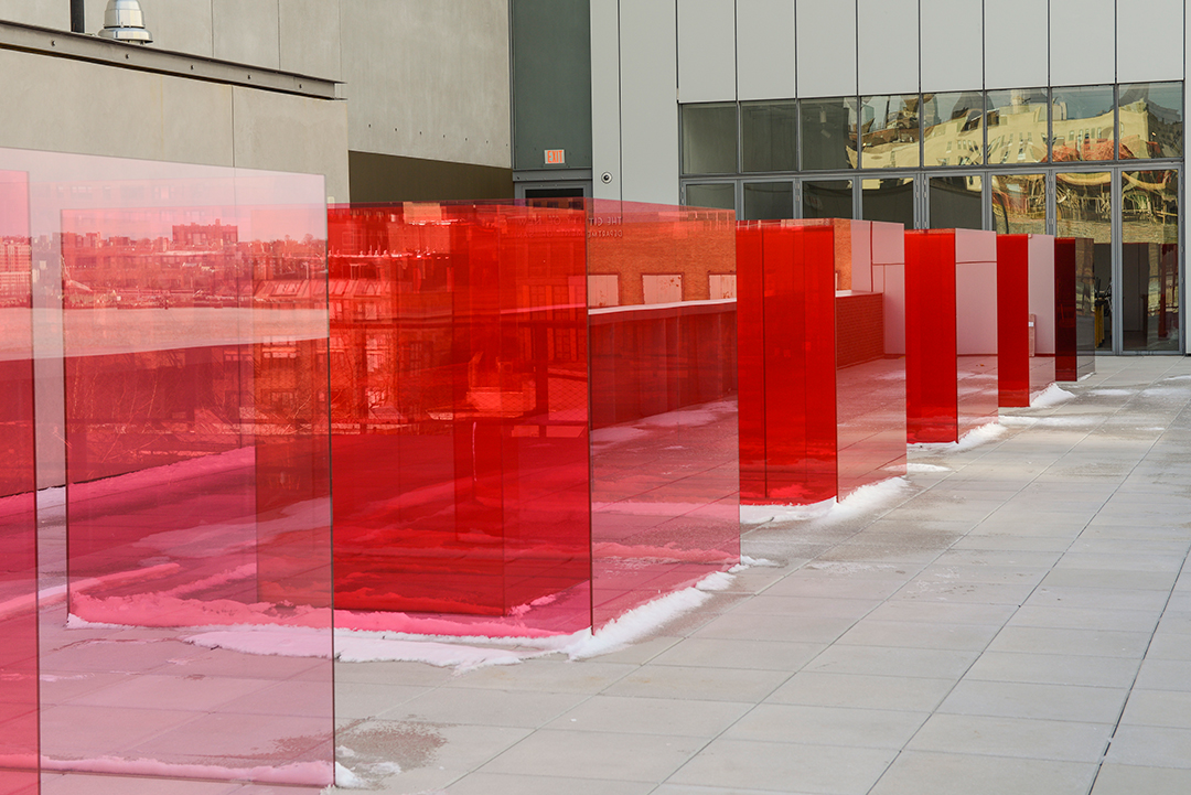 Installation view of Larry Bell, Pacific Red II, 2017. Whitney Biennial 2017, Whitney Museum of American Art, New York, March 13-June 11, 2017. Collection of the artist; courtesy Hauser Wirth & Schimmel, Los Angeles. Photograph by Matthew Carasella.