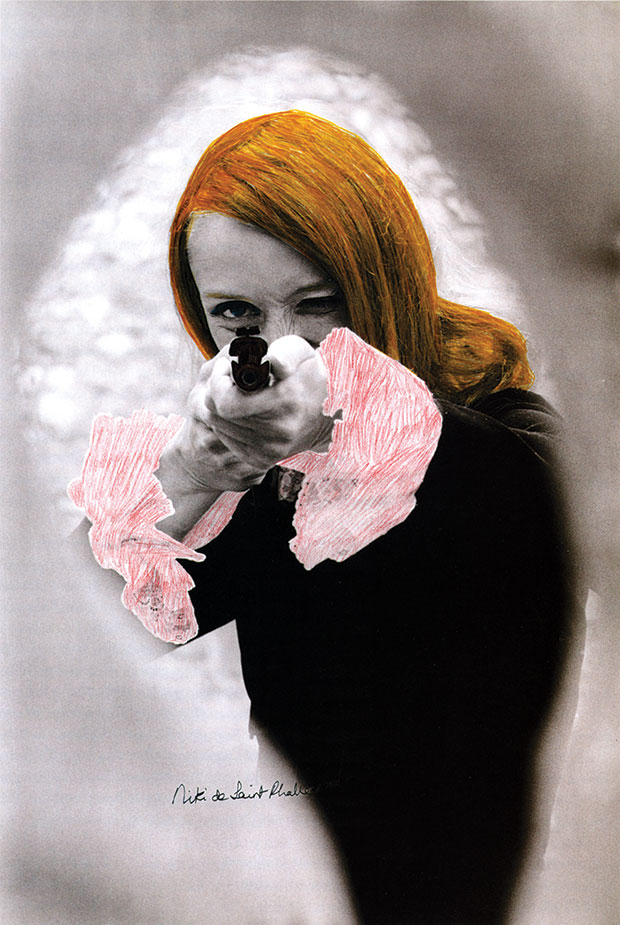 Niki de Saint Phalle pointing her gun, 1972 Black and white photograph with color retouching, still from the film Daddy Photo: © Peter Whitehead