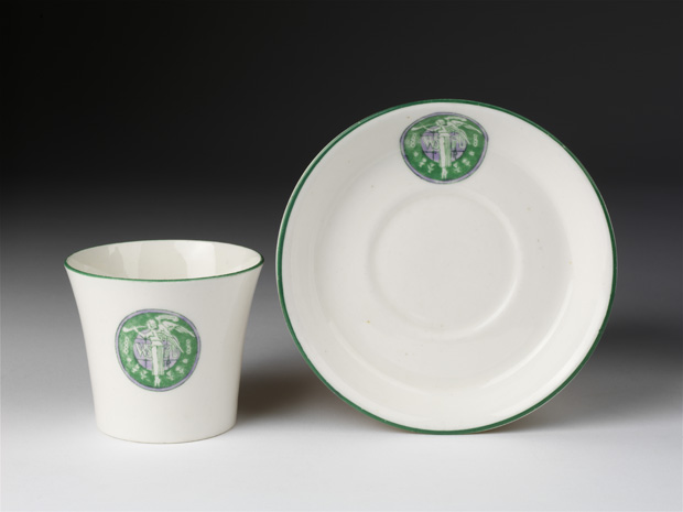 Bone china with transfers printed in green, bearing the emblem of the Women's Social and Political Union (WSPU). Photo © Victoria and Albert Musem, London