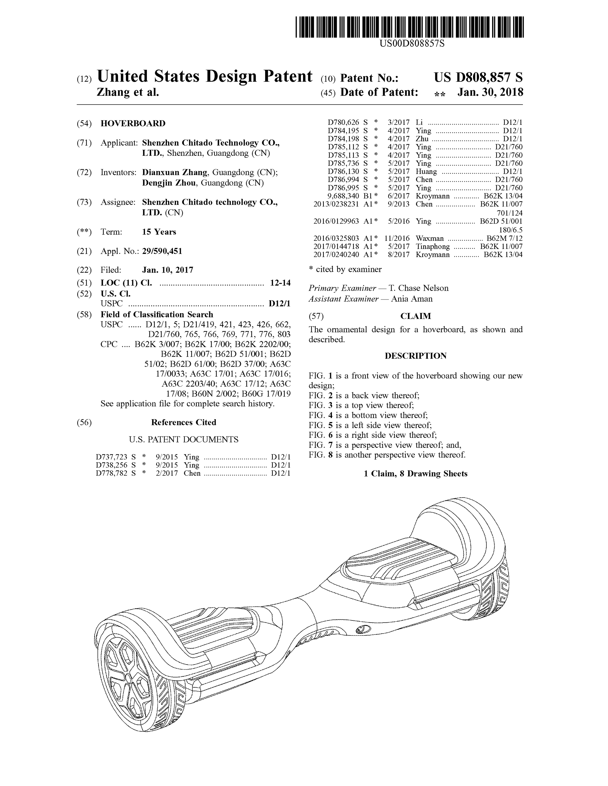 Hoverboard, Dianxuan Zhang, Dengjin Zhou, for Shenzhen Chitado Technology Company, 2017/2018. Patent Number: USD 808,857, U.S. Patent Office