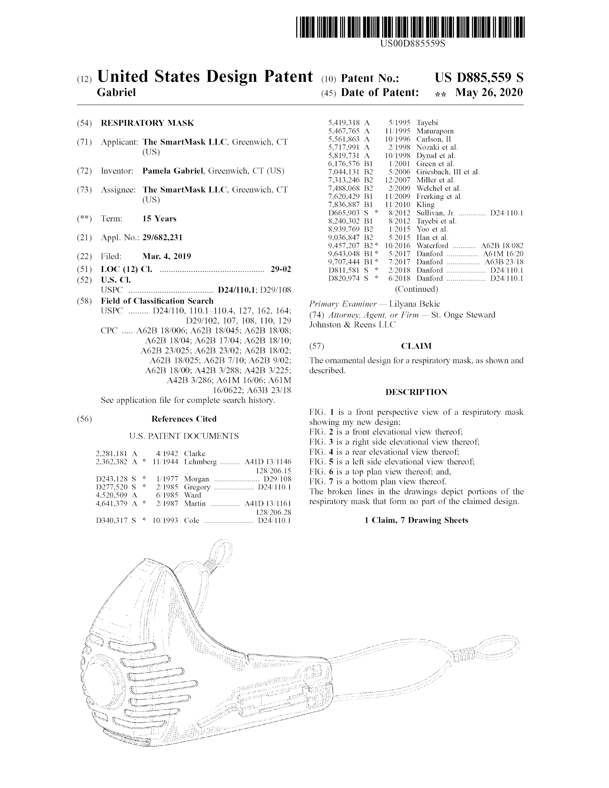 Respiratory Mask, Pamela Gabriel, for SmartMask, 2019/2020. Patent Number: USD 885,559, U.S. Patent Office 