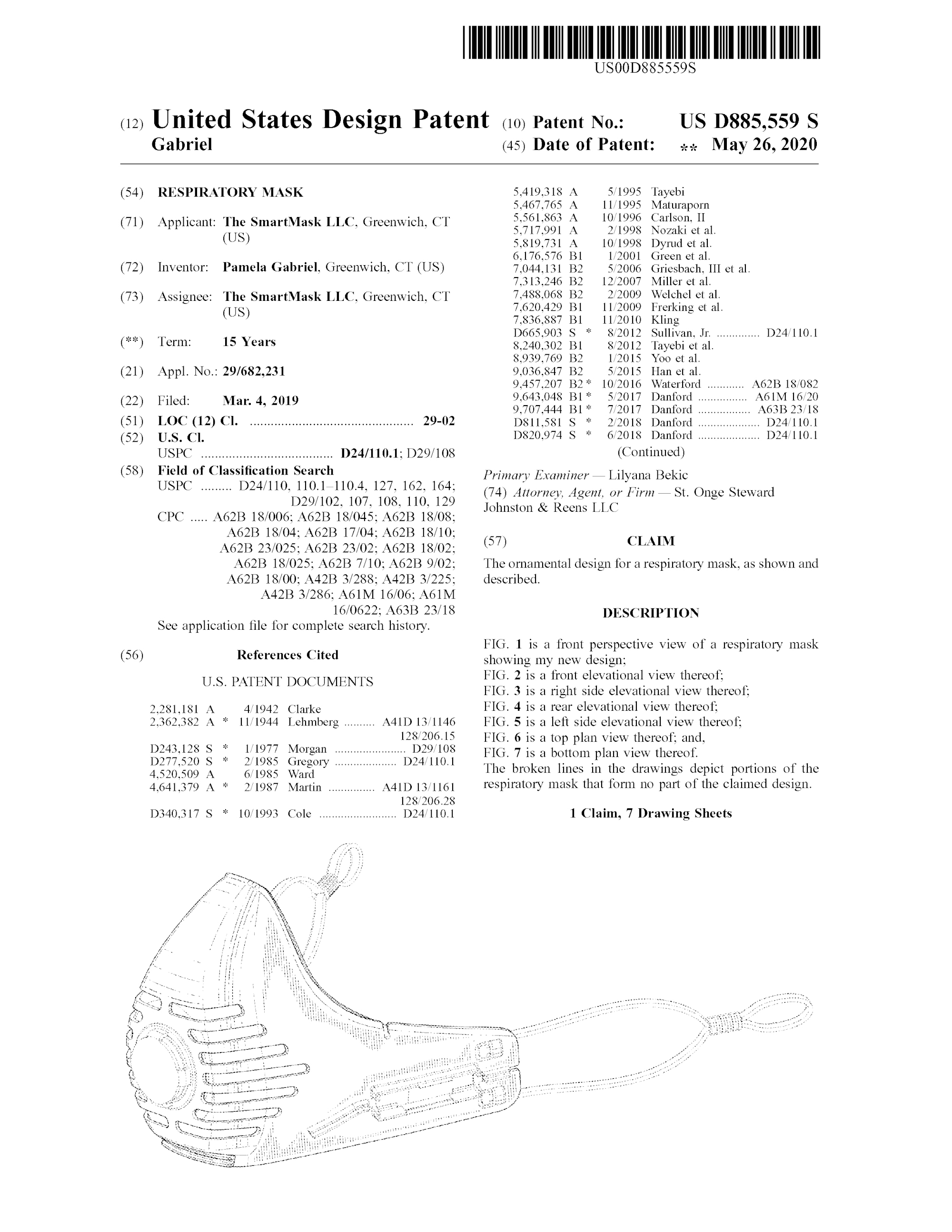 Respiratory Mask, Pamela Gabriel, for SmartMask, 2019/2020. Patent Number: USD 885,559, U.S. Patent Office