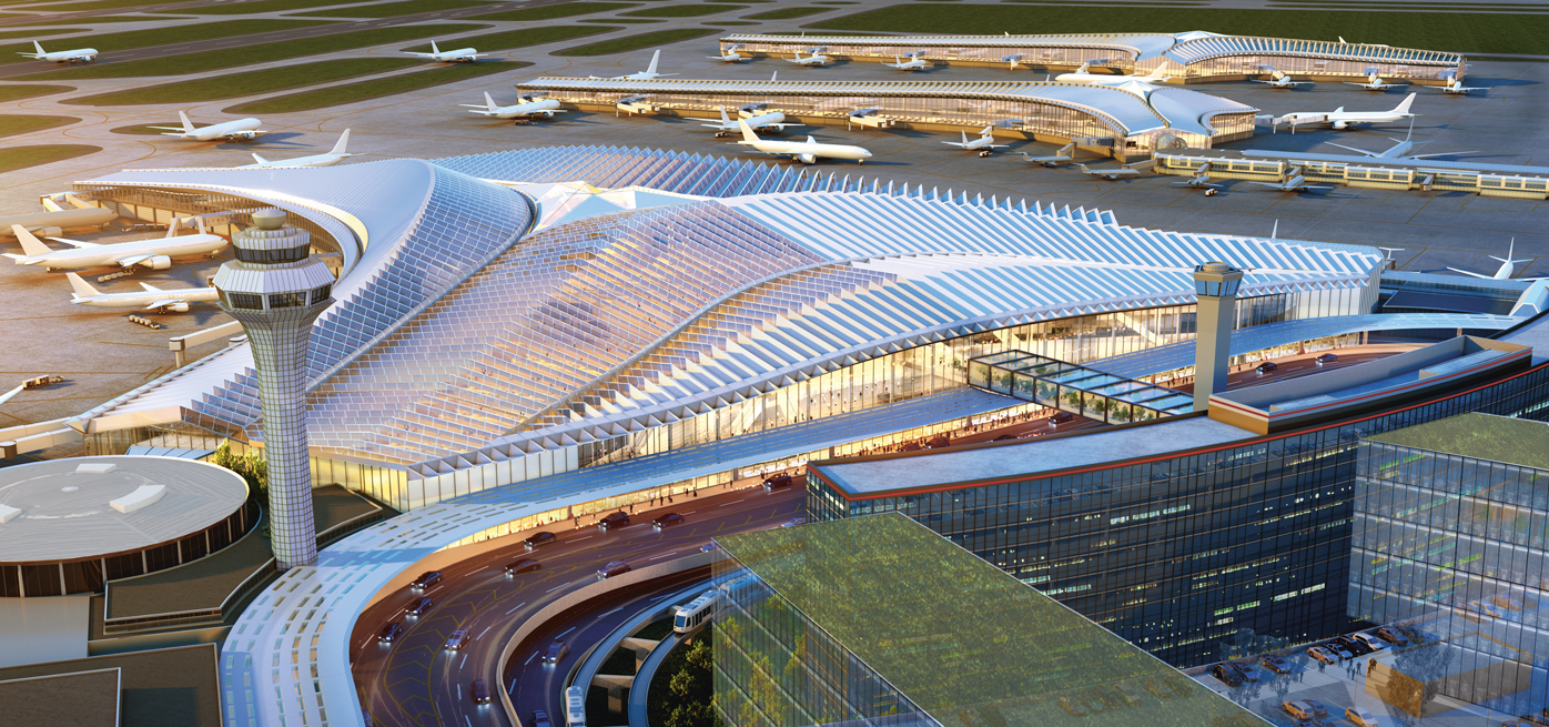 Studio Gang, Global Terminal at O’Hare International Airport, Chicago, Illinois, USA, estimated completion: 2028. Picture credit: City of Chicago. The Global Terminal is designed to embrace its “land side” with a transparent lobby that runs the length of the curb.