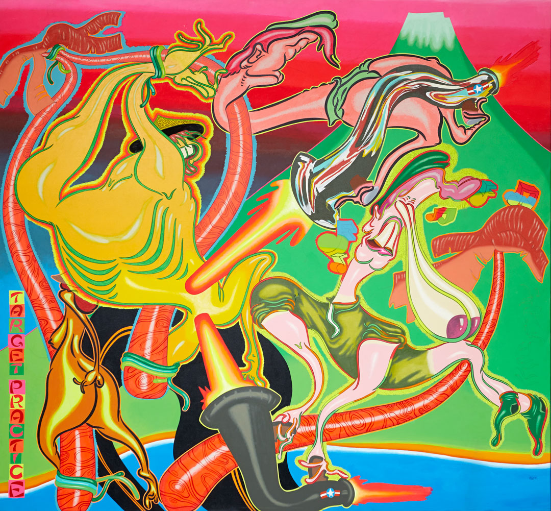 Peter Saul, Target Practice, 1968. Acrylic on canvas, 91 1/2 x 99 1/2 in (232.4 x 252.7 cm). Hirshhorn Museum and Sculpture Garden, Smithsonian Institution, Washington, DC; Joseph H. Hirshhorn Purchase Fund, 2016. Courtesy Venus Over Manhattan, New York