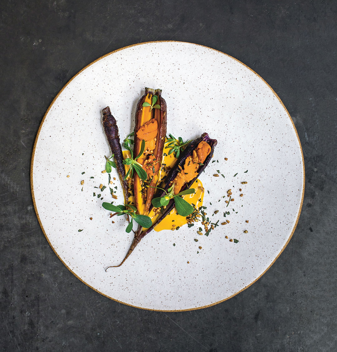 Carrot, Uni, Genmaicha, from A Very Serious Cookbook. Photography by Matty Yangwoo Kim. All ceramics by Noble Plateware