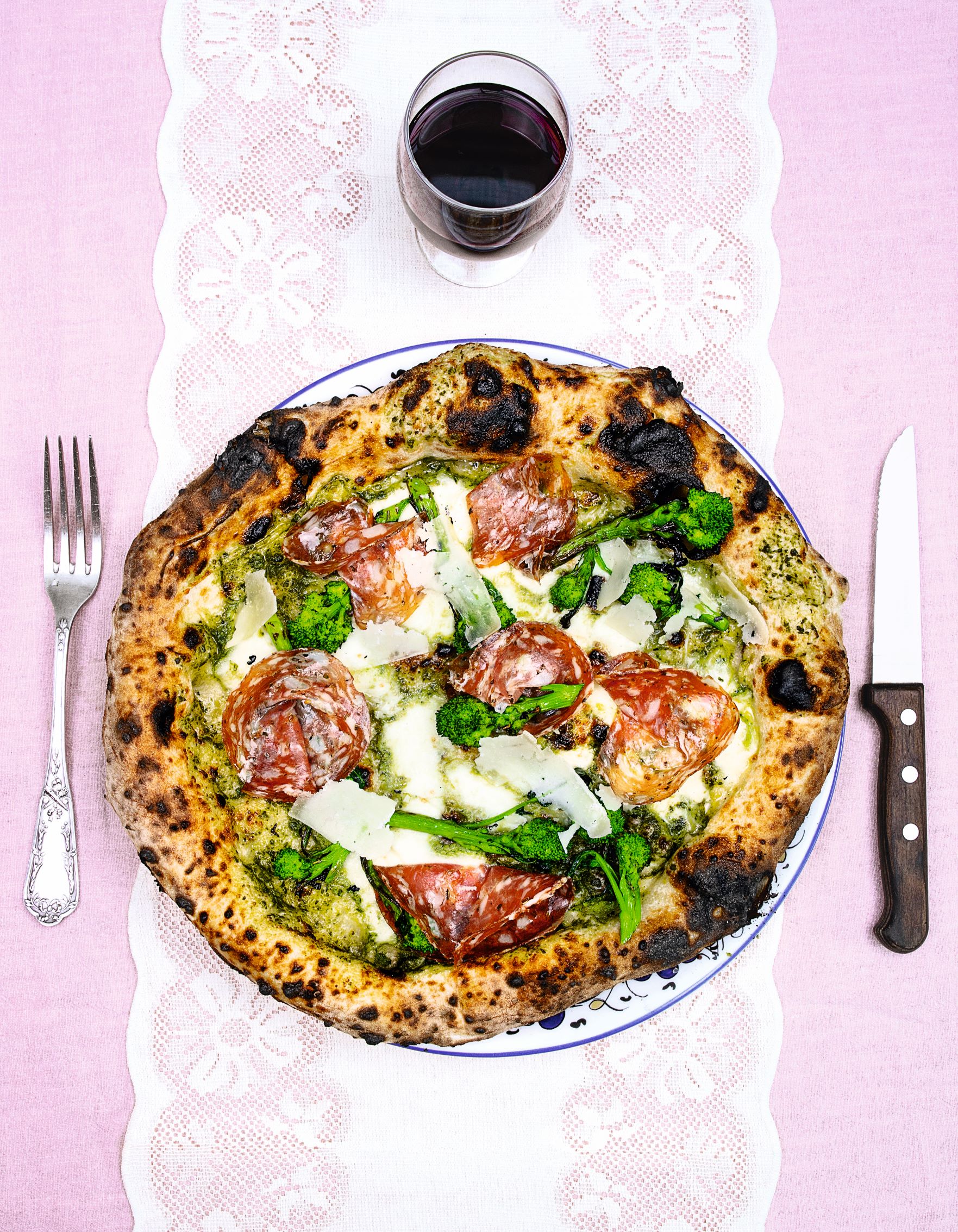 Green Pizz’ (Rapini (broccoli rabe) cream, finocchiona, mozzarella and pecorino pizza)