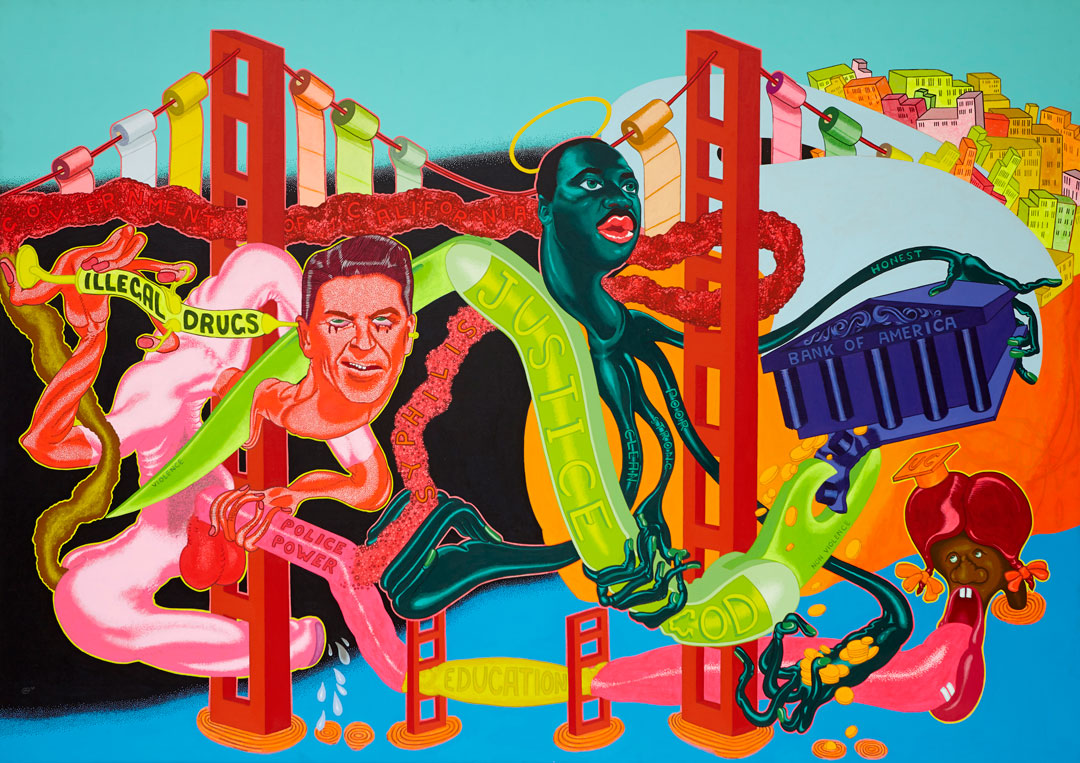 Peter Saul, The Government of California, 1969. Oil on canvas, 68 x 96 in (172.7 x 243.8 cm). Courtesy Venus Over Manhattan, New York