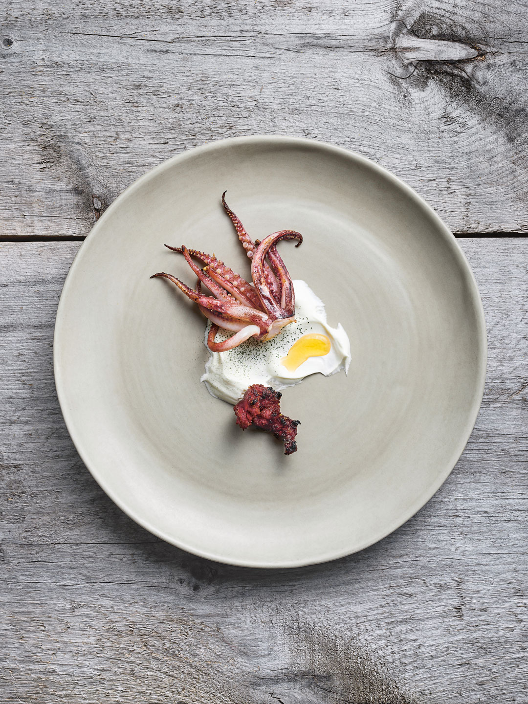 Charred Squid, Moose Chorizo and Cultured Cream. Photography: John Cullen