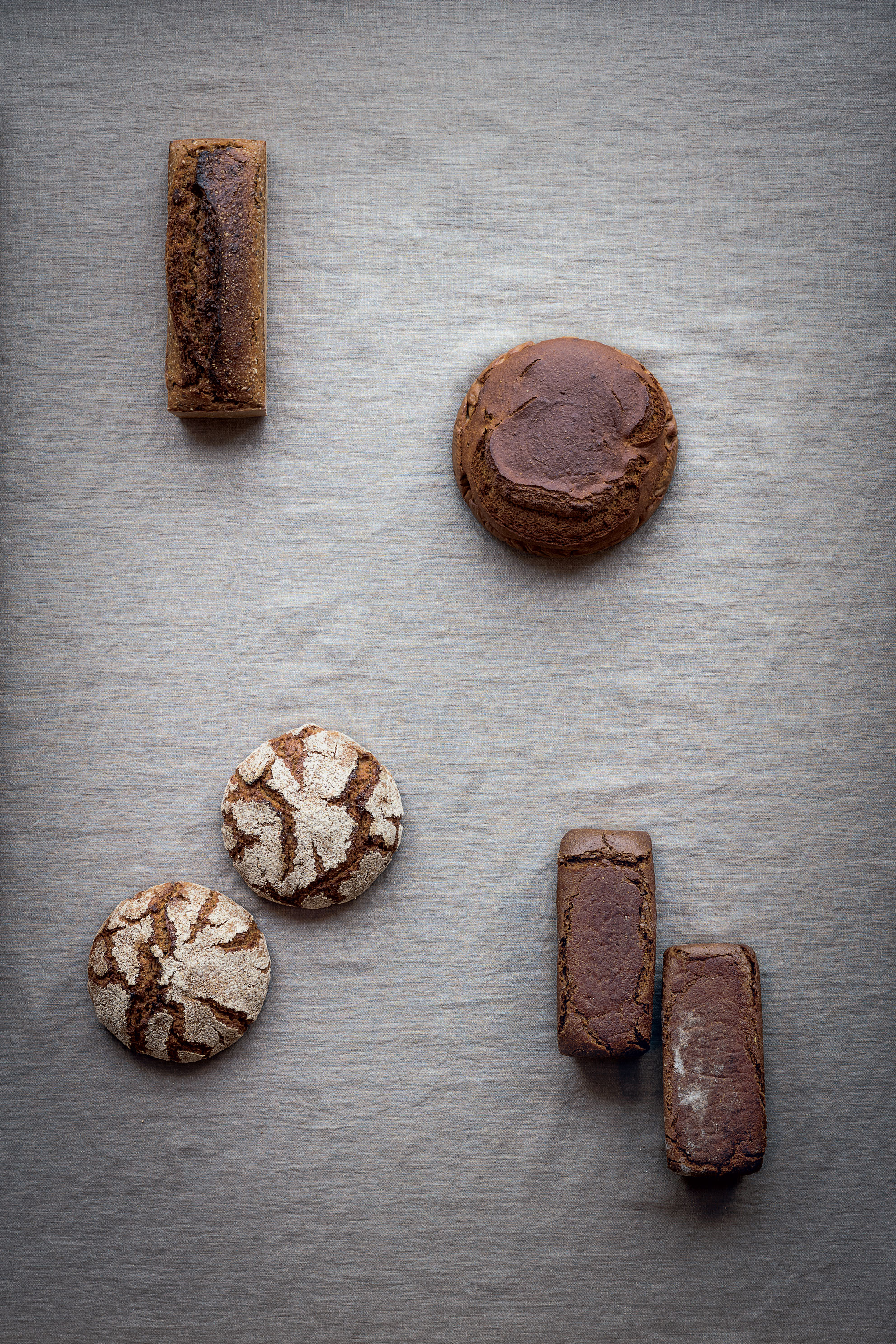 Icelandic rye bread (top right), alongside other rye loaves from Denmark (top left), Scania, southern Sweden (bottom right) and Finland (bottom left)