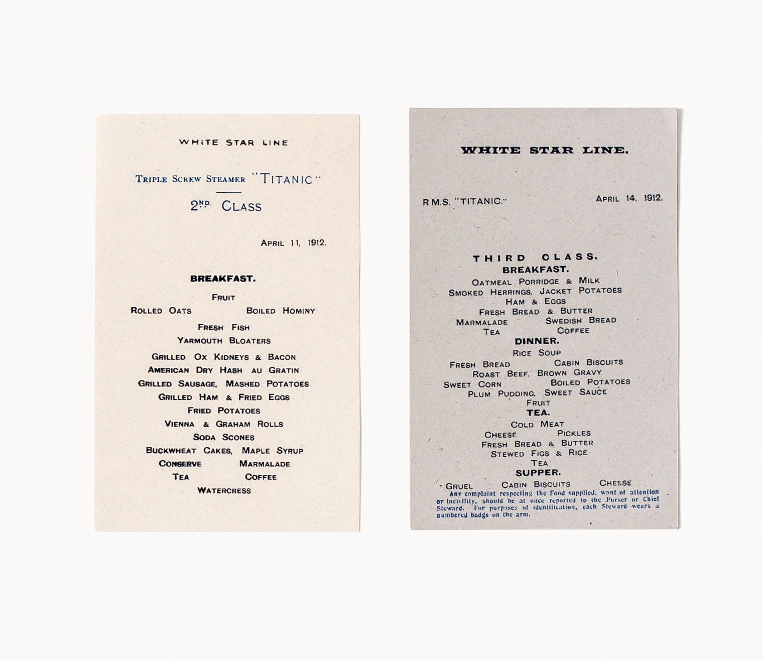 Titanic Menus, 71?5 x 5 in. (18.3 x 12.7), Titanic: Blood and Steel (2012), production designer: Tom Conroy set decorator: Jil Turner. ‘The replicas shown here were made without the printed photographs of the ship as they appear on the originals—we just didn’t have the budget to pay the licensing fee..’ – Annie Atkins