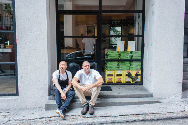 Lee and chef Matt Abergel, outside Yardbird, Hong Kong