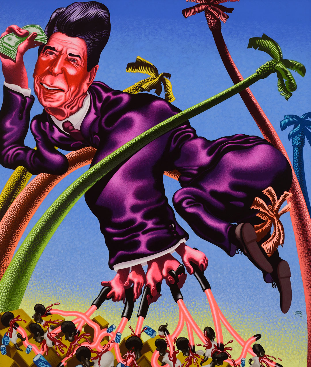 Peter Saul, Ronald Reagan in Grenada, 1984. Acrylic on canvas, 82 1/2 x 71 in (209.6 x 180.3 cm). Hall Collection. Courtesy Hall Art Foundation. Photo: Jeffrey Nintzel