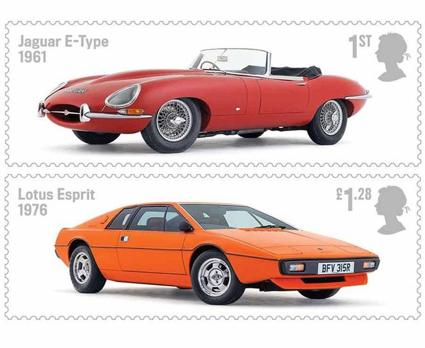 Classic British cars parked on new stamps
