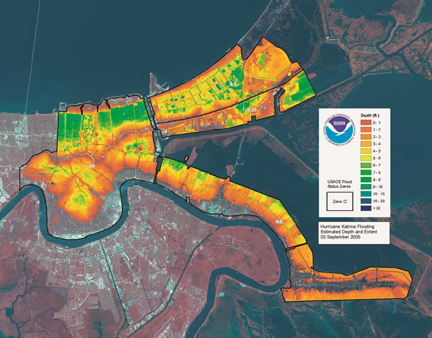 Hurricane Katrina Flooding Estimated Depths and Extent, 2005, NOAA/FEMA Colour-coded satellite image, dimensions variable. NOAA Central Library Historical Collection/National Oceanic and Atmospheric Administration/Department of Commerce. From Map