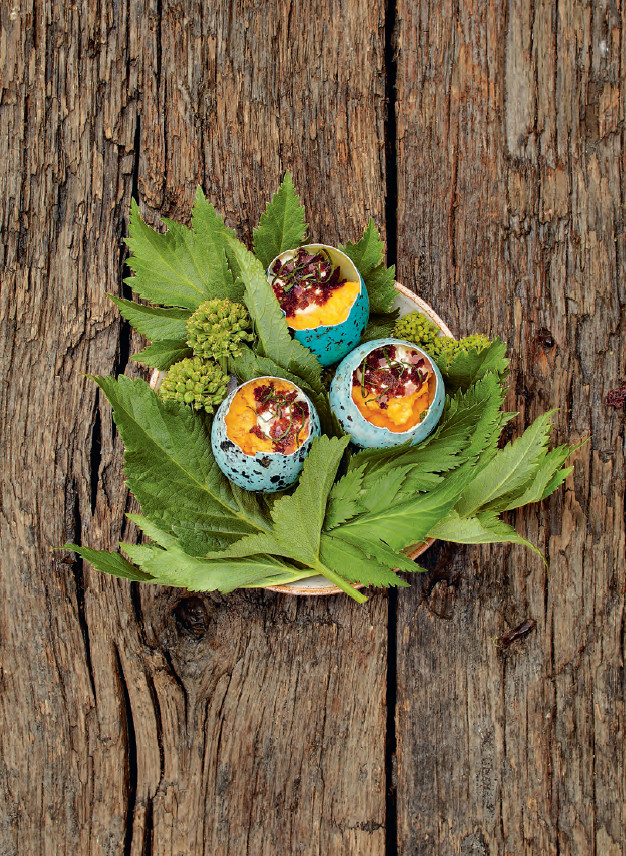 Guillemot eggs, dried egg yolk, scramble, lovage and rye