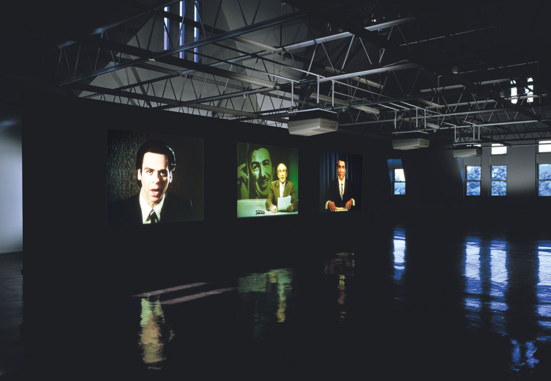 Stan Douglas, Evening, 1994. Three-channel video installation, color, sound, 14 min. 42 sec. (looped). Installation view: Renaissance Society, Chicago, 1995. Courtesy the artist, David Zwirner, New York, and Victoria Miro, London. © Stan Douglas