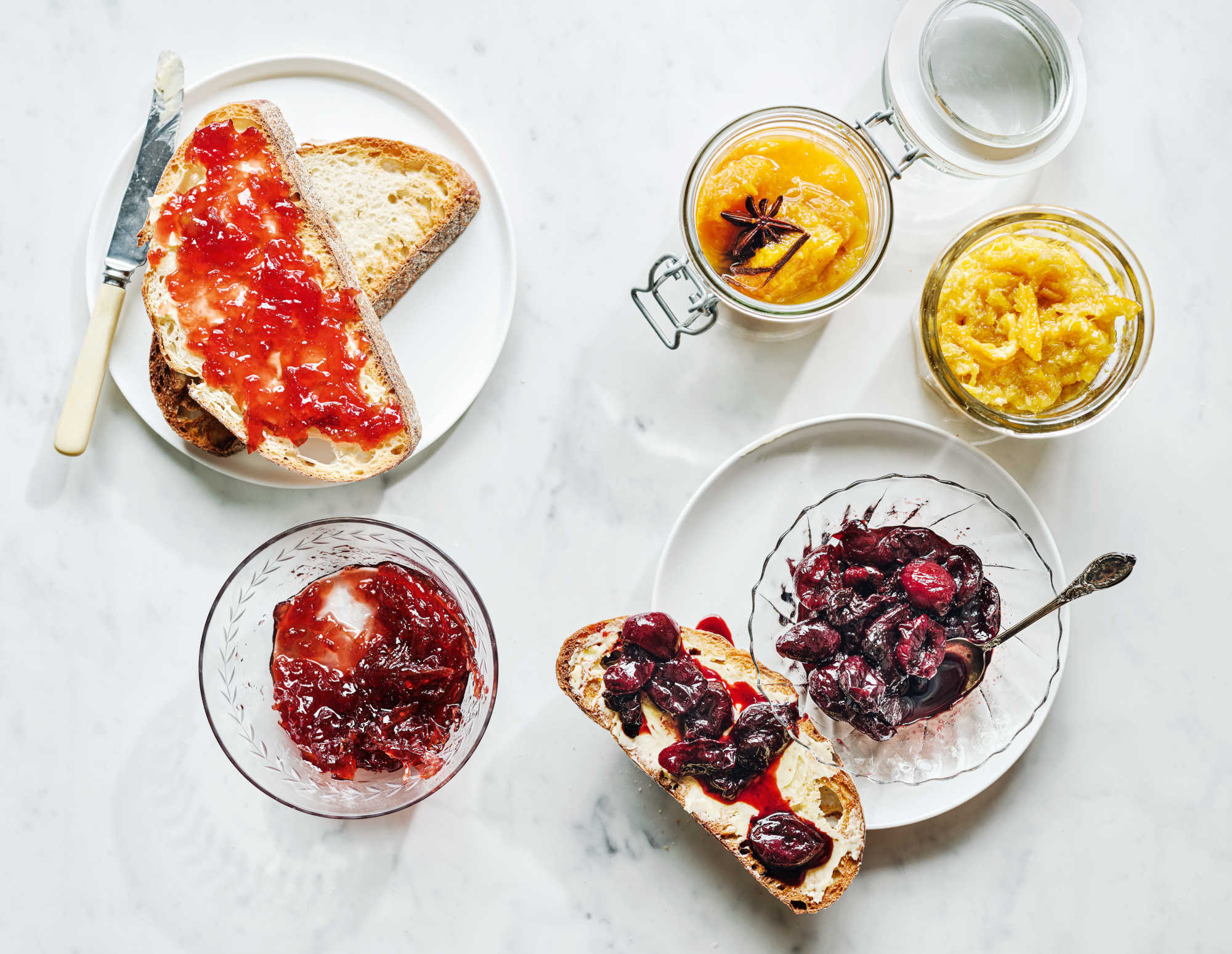 Rose Petal Jelly, Special Apricot Compote, Roasted Orange Marmalade, Sour Cherry Jam (clockwise from top left). Photography: Liz and Max Haarala Hamilton