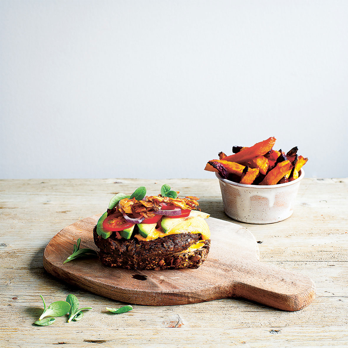 Vegan Burgers and Root Vegetable Fries. Photography by Simon Bajada