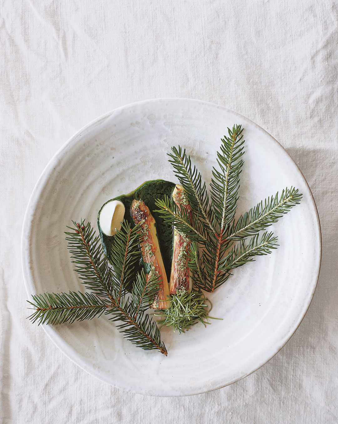 Grilled asparagus and tender spruce. From A Work in Progress: A Journal 