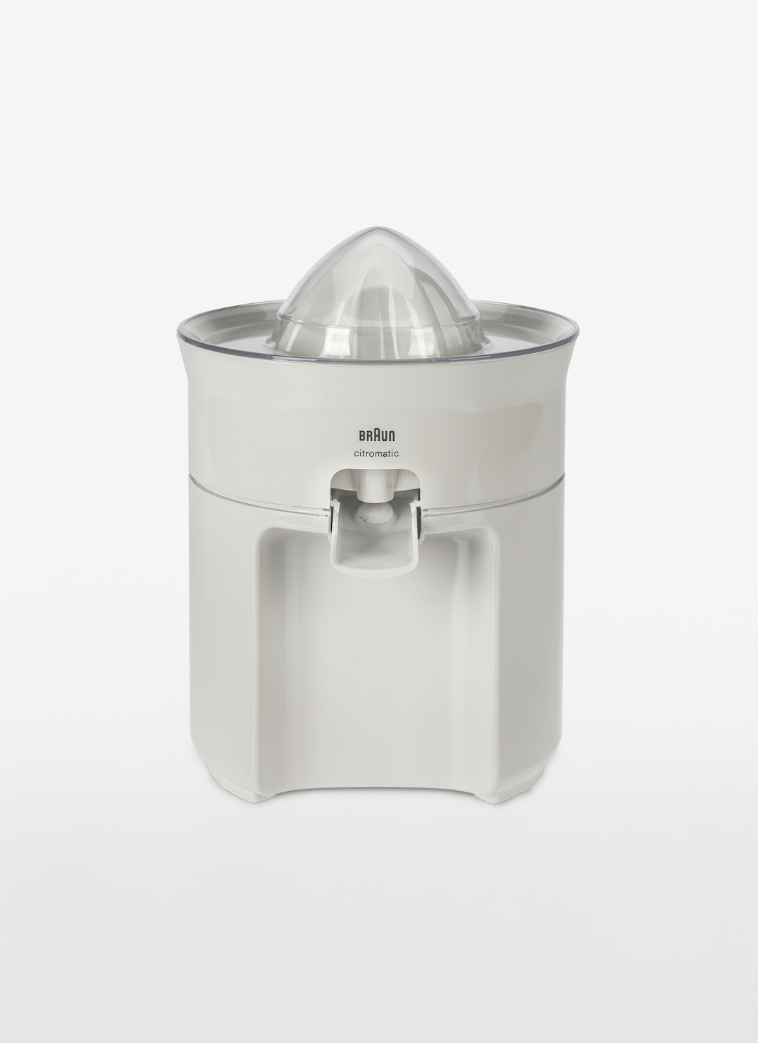 Citromatic MPZ 2, 1972, Citrus juicer, Dieter Rams, Ju?rgen Greubel, Gabriel Lluelles, Braun Española. 21.5 × 15 cm in diameter (8½ × 6 in) 1.3 kg (3 lb), plastic, acrylic, DM 51.50.