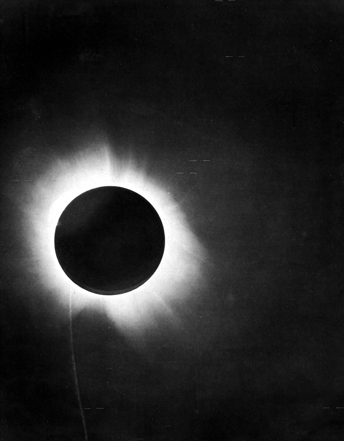 The 29 May 1919 solar eclipse, as shown in the report of Sir Arthur Eddington on the expedition to verify Albert Einstein's prediction of the bending of light around the sun. Image courtesy of Wikimedia Commons