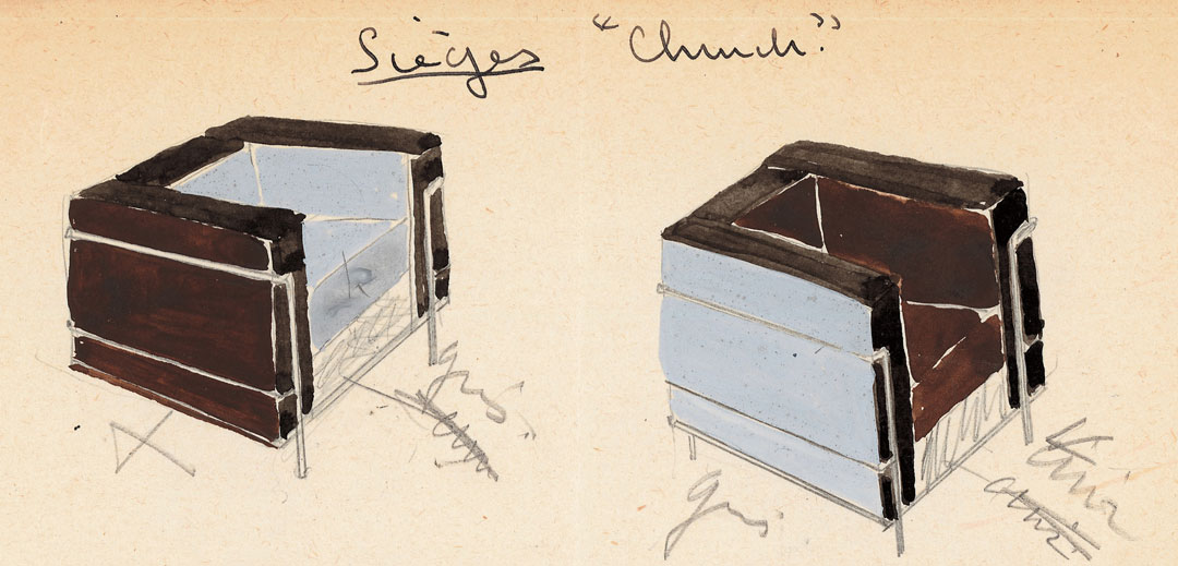 Sketches of the Grand Confort chair by Le Corbusier and Charlotte Perriand. From Le Corbusier Le Grand