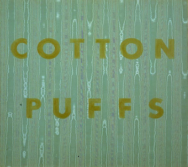 Cotton Puffs (1974) by Ed Ruscha. Equalized egg yolk on moire. As reproduced in our Ed Ruscha monograph