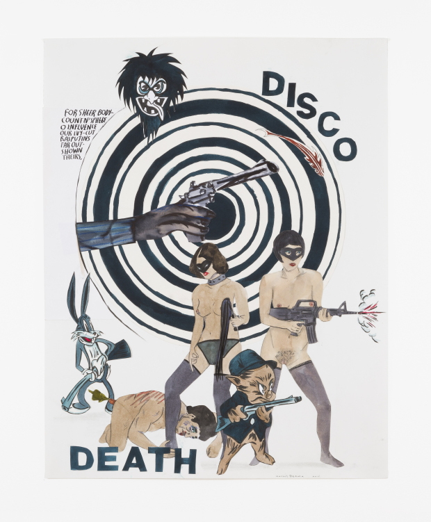 Marcel Dzama and Raymond Pettibon, Disco death of Rasputin, 2015 Pencil, ink, gouache, and collage on paper 21 x 16 1/4 inches (53.3 x 41.3 cm) Courtesy David Zwirner, New York/London