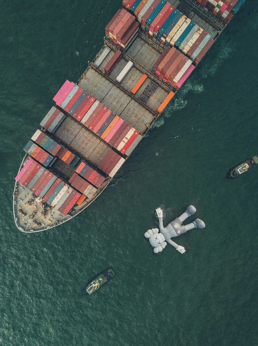 HOLIDAY, 2019, Inflatable, Approx. 121 ft. (37 m) long, Victoria Harbour, Hong Kong. Photo @harimaolee, courtesy AllRightsReserved, Ltd / © KAWS