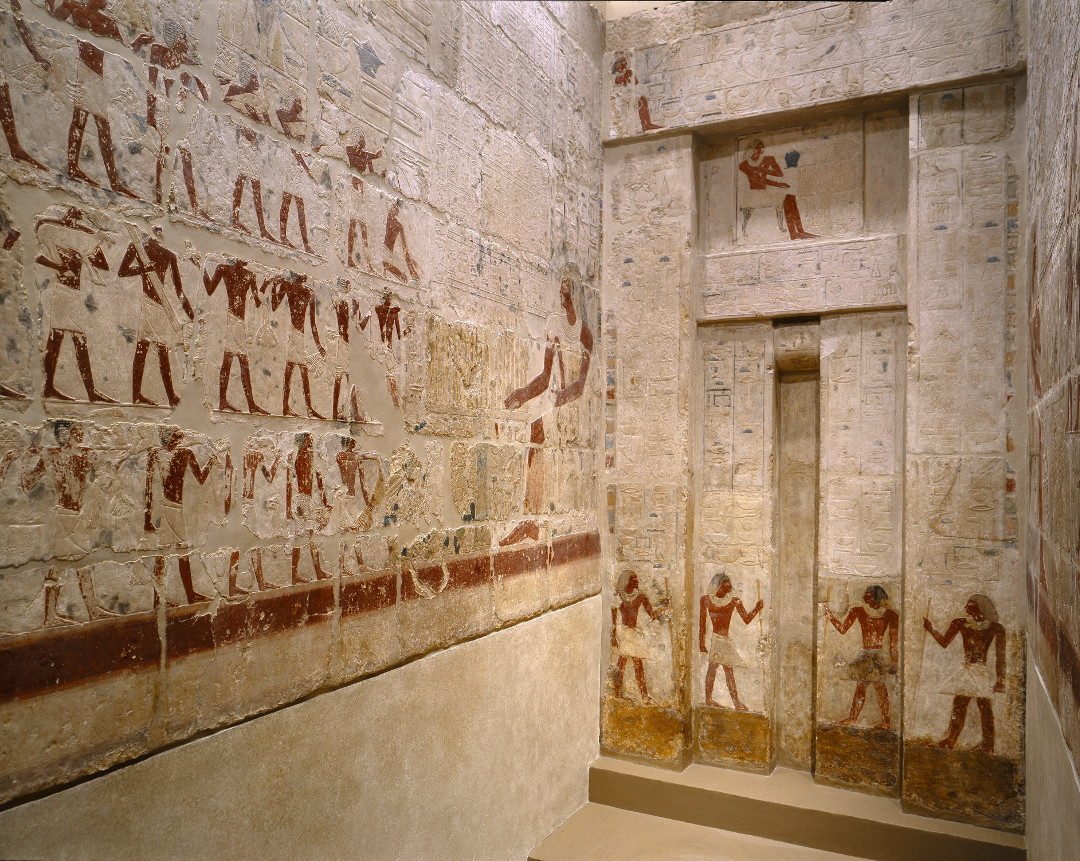 Mastaba Tomb of Perneb, ca. 2381–2323 BC, Old Kingdom, Dynasty 5, reigns of Isesi to Unis. From Egypt, Memphite Region, Saqqara, Tomb of Perneb, Egyptian Antiquities Service/Quibell excavations. Limestone, paint, H. 15 ft. 9 13/16 in. (482.2 cm). Gift of Edward S. Harkness, 1913 (13.183.3). Photo: The Met