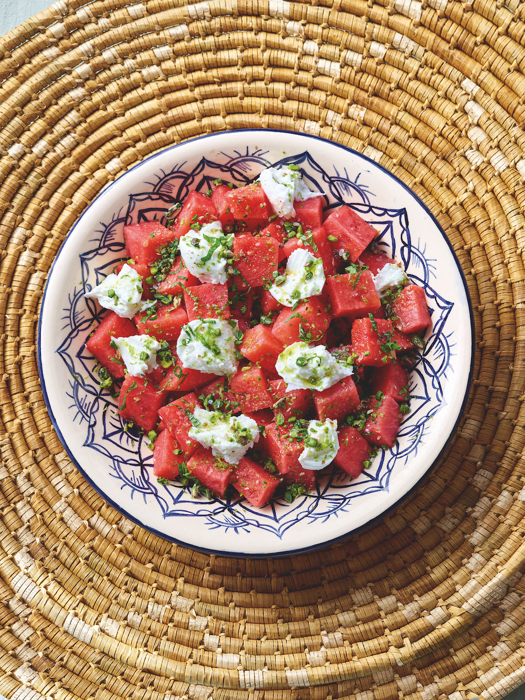 Watermelon and Burrata with Pistachios, Mint, and Lime. Photography by Dan Perez