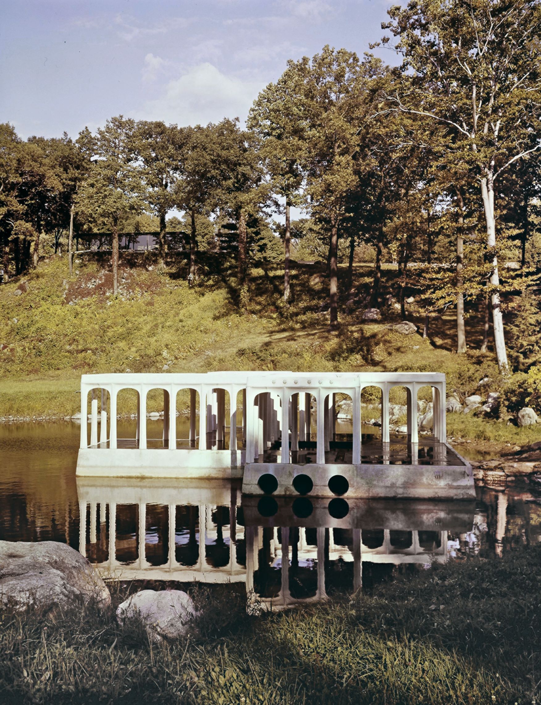 The Lake Pavilion, viewed from the west with the Glass House in the background, New Canaan, Connecticut, 1962