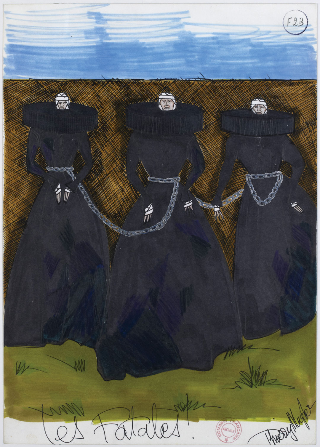 Thierry Mugler, Witches sketches of stage costumes for La Tragédie de Macbeth, felt pen, watercolor, graphite on paper. Paris, collections Comédie-Française