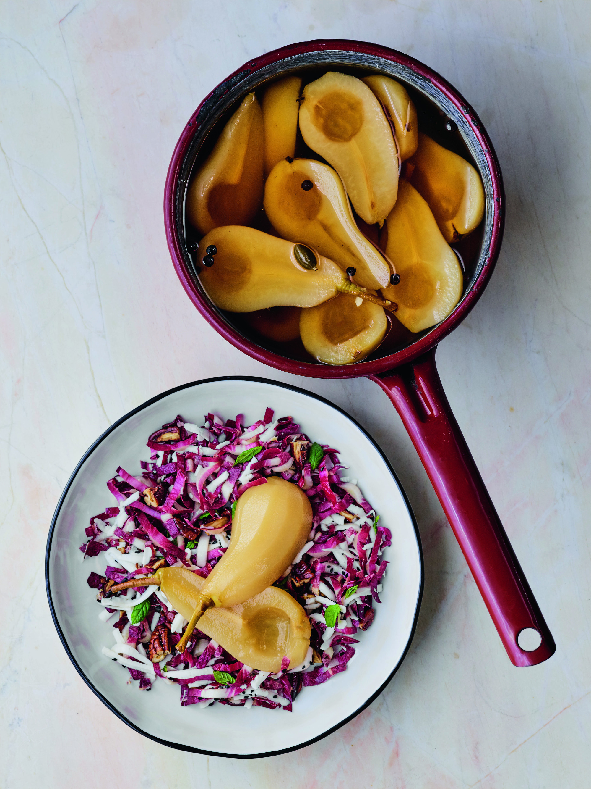 Baharat Poached Pear with Radicchio White Cheese Slaw and Candied Pecans. Photography by Dan Perez