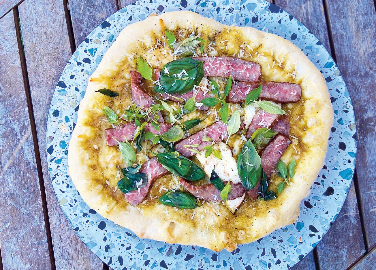 Rirkrit Tiravanija. Thai green curry pizza with Wagyu beef, eggplant (aubergine), mozzarella and Thai basil. Image courtesy/copyright the artist