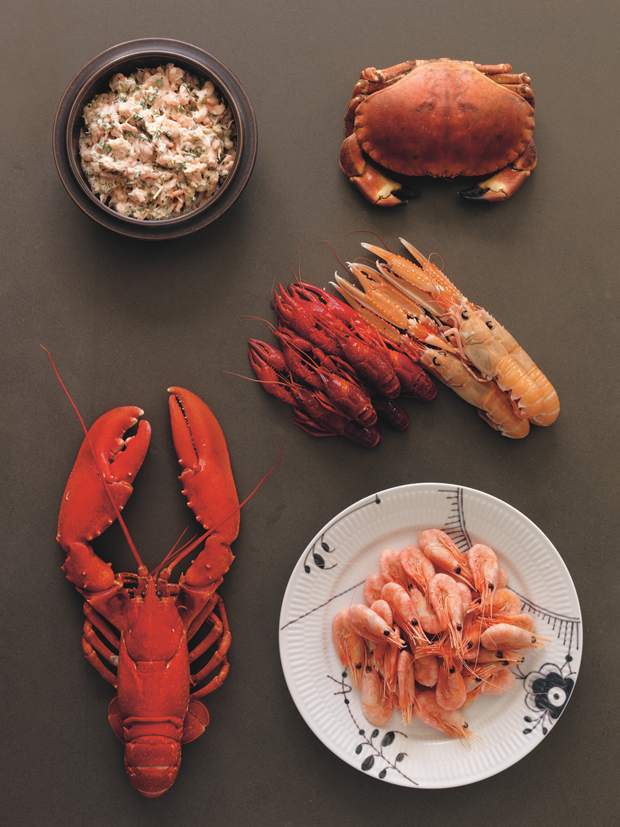 Clockwise from top left: Skagen Salad; Crab; Langoustine; Crayfish; Shrimp; Lobster. Photograph by Erik Olsson. From The Nordic Cookbook
