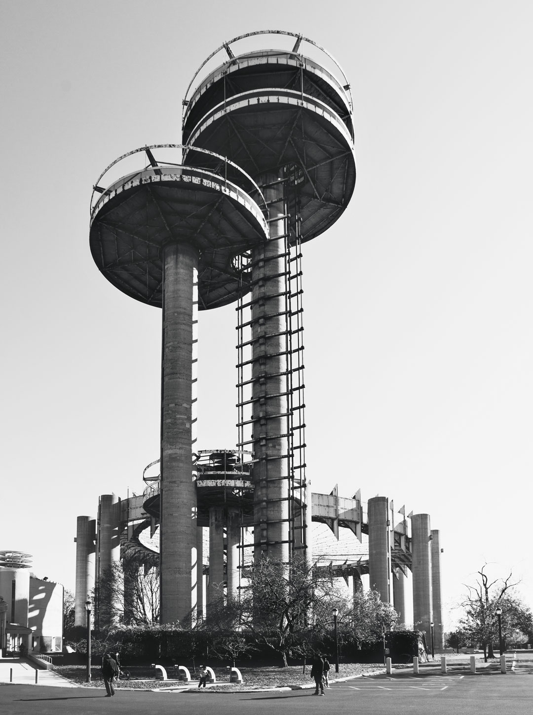 North view of the New York State Pavilion by Philip Johnson and Richard Foster, New York, 1964, with the observation towers in the foreground. Photo by Ezra Stoller
