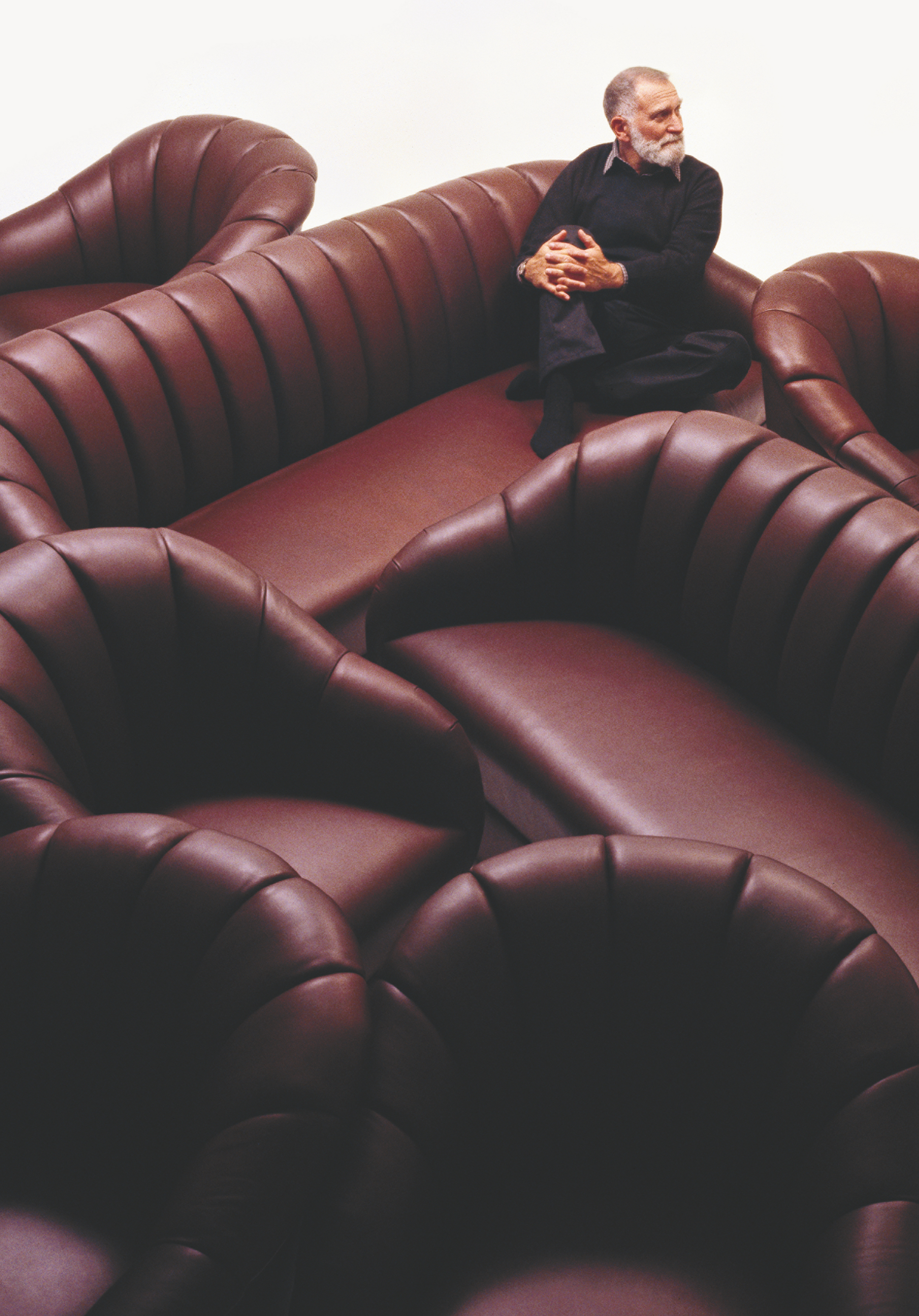 Ward Bennett with brown leather 2098 Shelback sofas and 2086 chairs. Picture credit: Michael Pateman/Herman Miller Archives