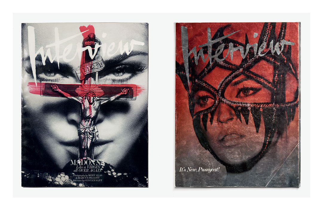 From left: Interview cover 2010, photography by Mert Alas and Marcus Piggott, art direction by Fabien Baron; Interview cover 2008, photography by Mert Alas and Marcus Piggott, art direction by Fabien Baron. As featured in Fabien Baron: Works 1983-2019