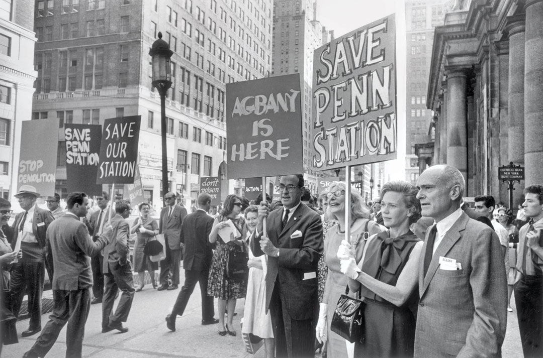 Philip Johnson (far right) picketing Penn Station to protest the building’s demolition, New York, 1963. From Philip Johnson: A Visual Biography