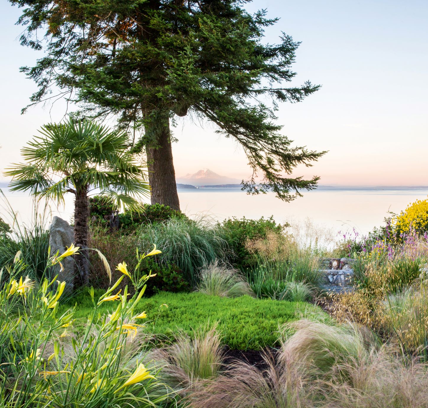 Vista. A view from Windcliff, Indianola, Washington, USA, designed by Dan Hinkley, overlooking Puget Sound to Mount Rainier. Open to the public. Photo: © Claire Takacs. At its simplest, vista means a view, but within a garden setting the definition is more nuanced and applies to a deliberately created and controlled, narrow yet long or distant view; as such, a vista differs from a prospect, which is a panoramic view