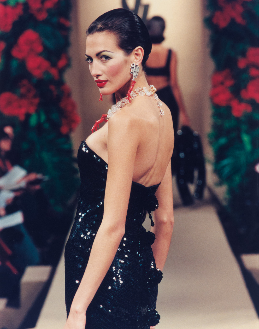 Earrings made of crystal diamanté and branches of coral, choker made of crystal beads and branches of coral, worn with a sequined dress, Spring/Summer 1998 haute couture collection; © Fondation Pierre Bergé – Yves Saint Laurent, Paris/All Rights Reserved