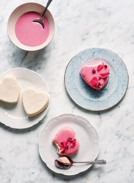 Mirror-glazed mango and raspberry hearts, from the semifreddo chapter in The Italian Bakery