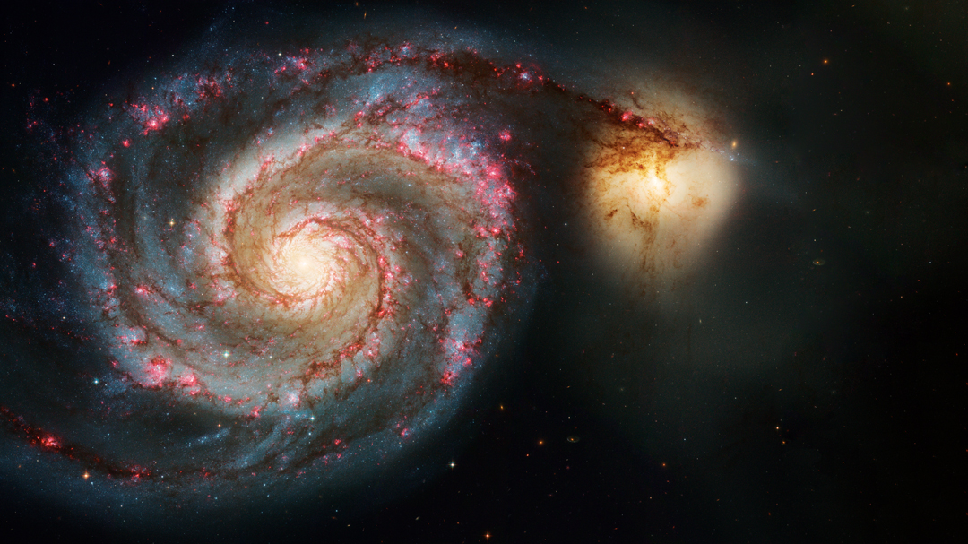 Hubble view of M51A, with M51B in the upper right, known as the Whirlpool Galaxy, around 20 million light years from Earth in the constellation Canes Venatici. The M51A galaxy was discovered by Charles Messier in 1773. It is some 60,000 light years away and is about one third the size of the Milky Way. NASA / ESA. As reproduced in Sun and Moon